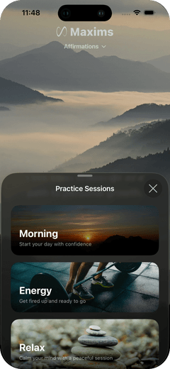Practice Sessions sheet with Morning, Energy and Relax guided sessions