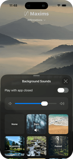Background Sounds sheet with rain, ocean, creek and forest soundscapes and a volume slider
